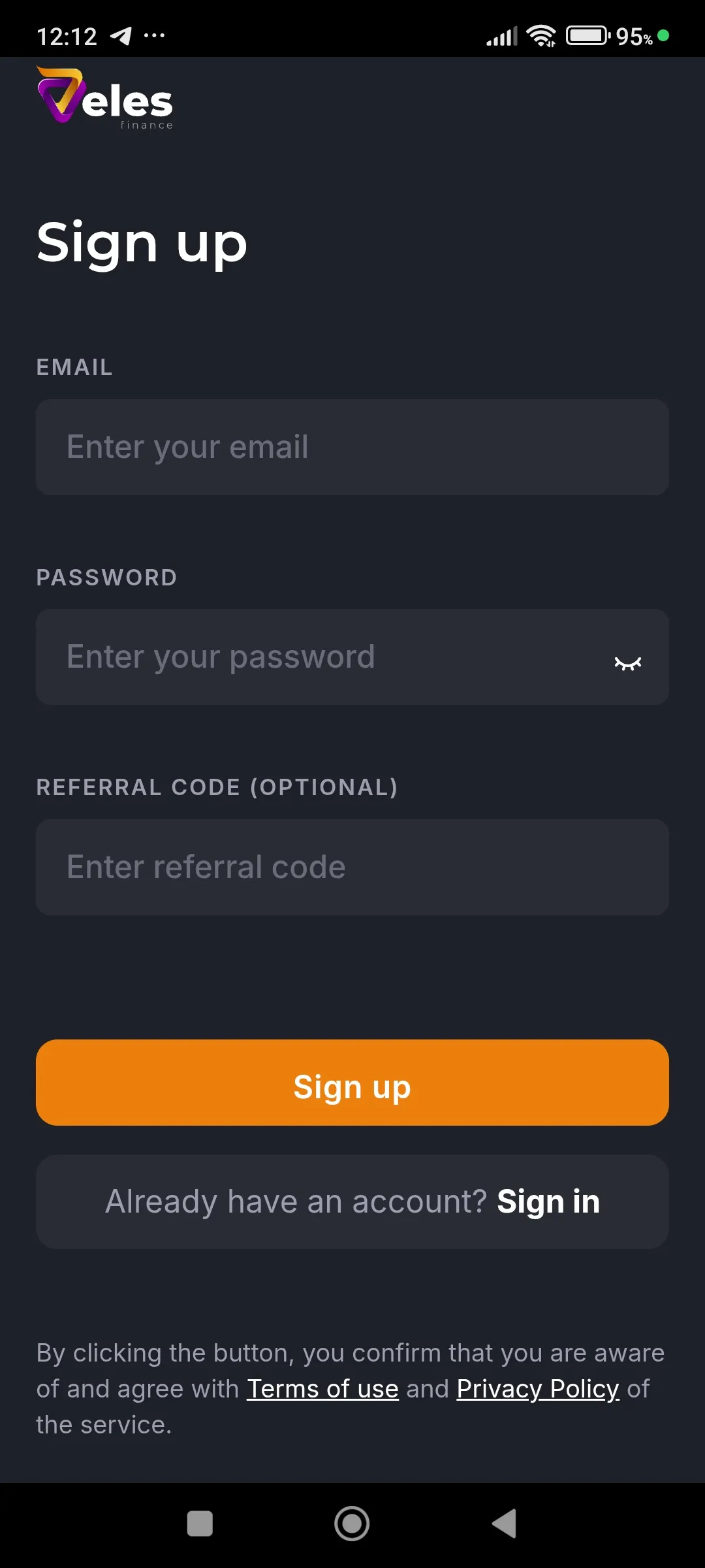 Sign up on the platform