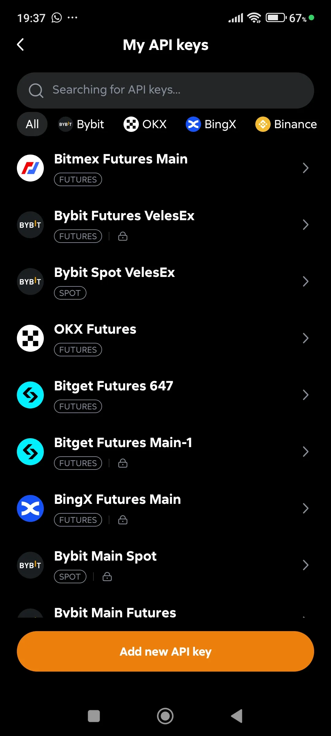 API keys - A list of created Bindings