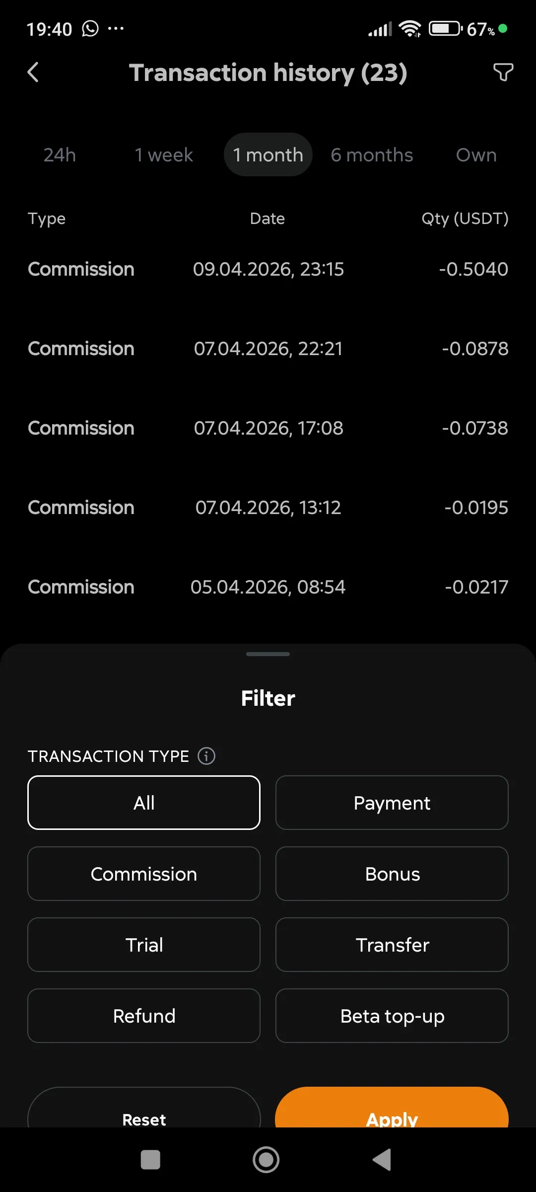 Transactions on the balance of the service