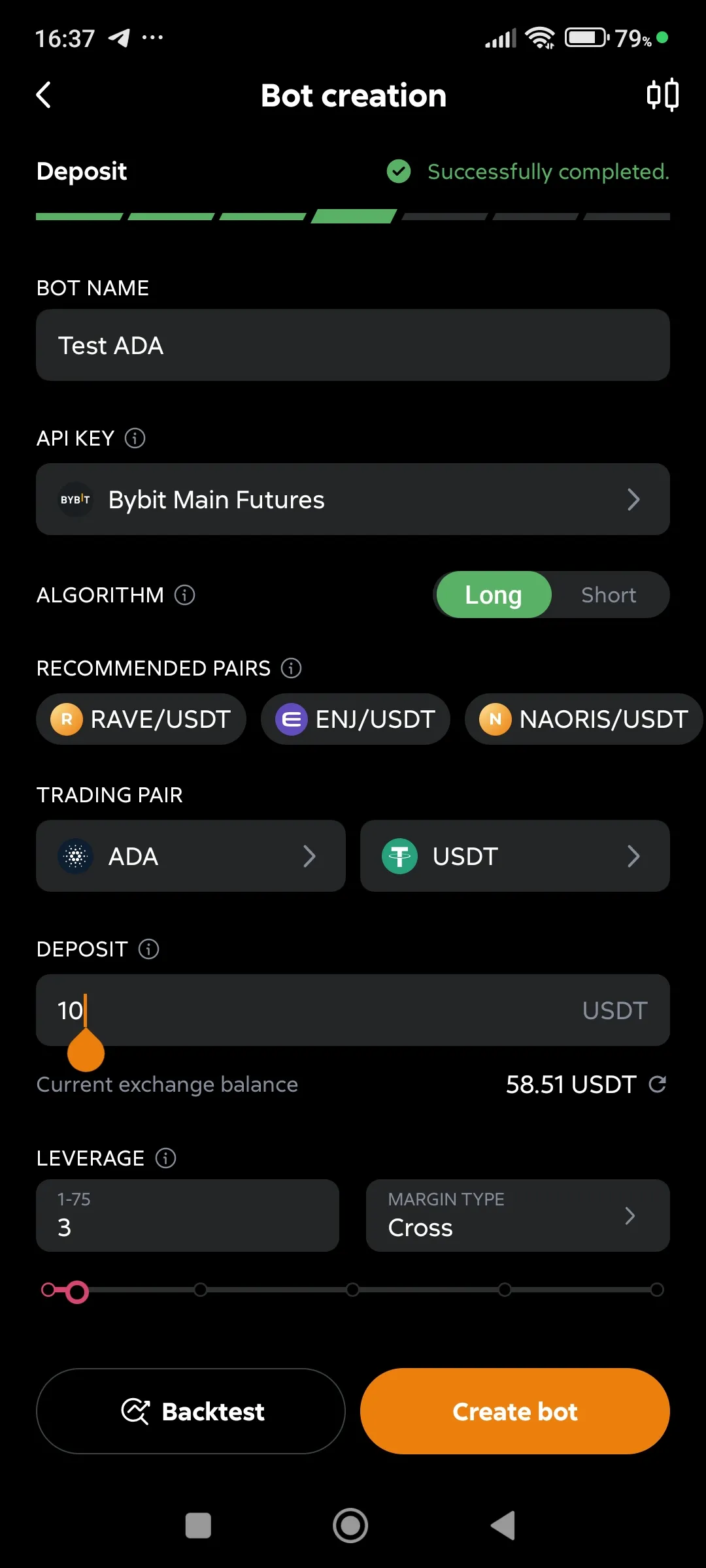 Setting up deposit, leverage, margin type
