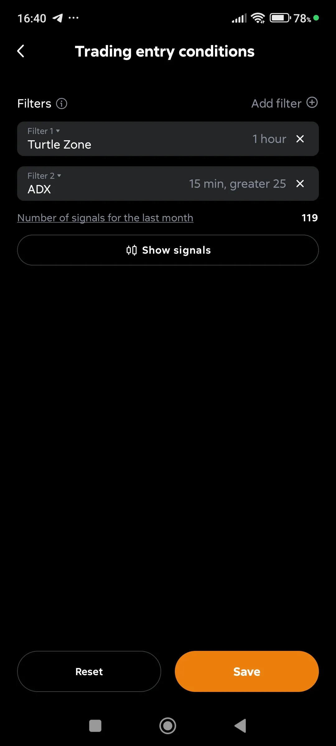 Showing the number of signals for specified filters
