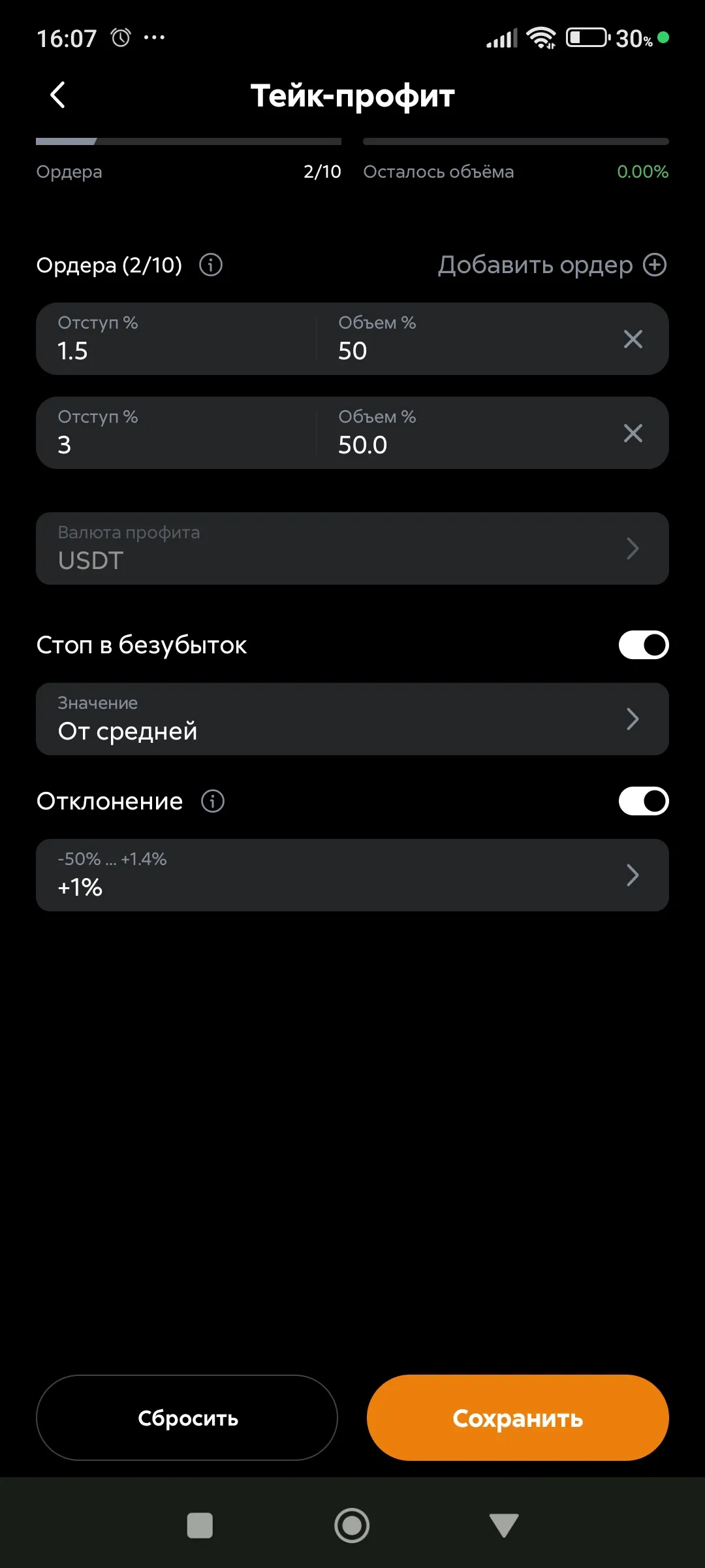 Тейк-профит Свой, стоп-лосс от средней