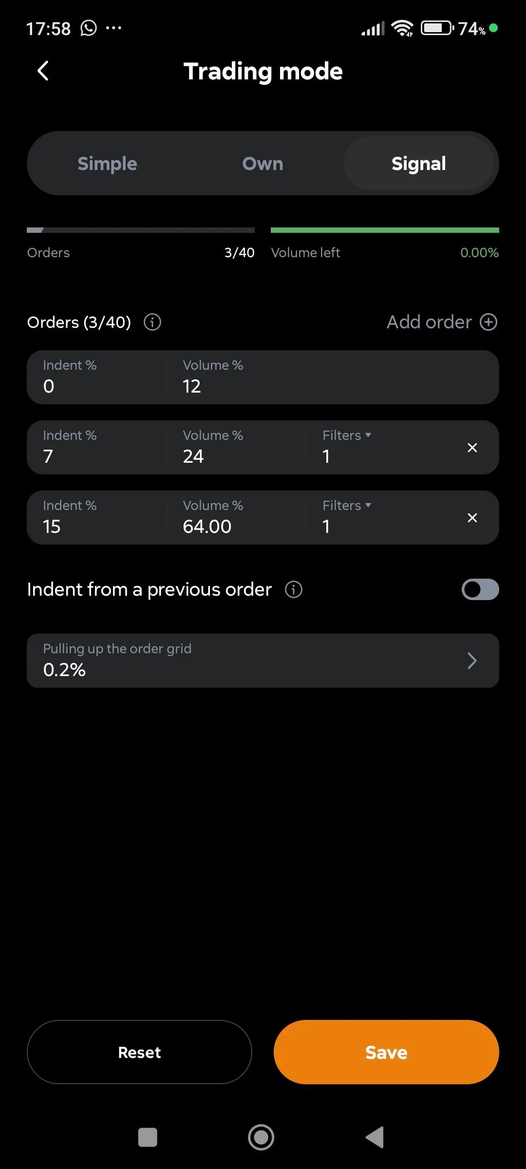 Trading mode: Signal, Indent from the entry price