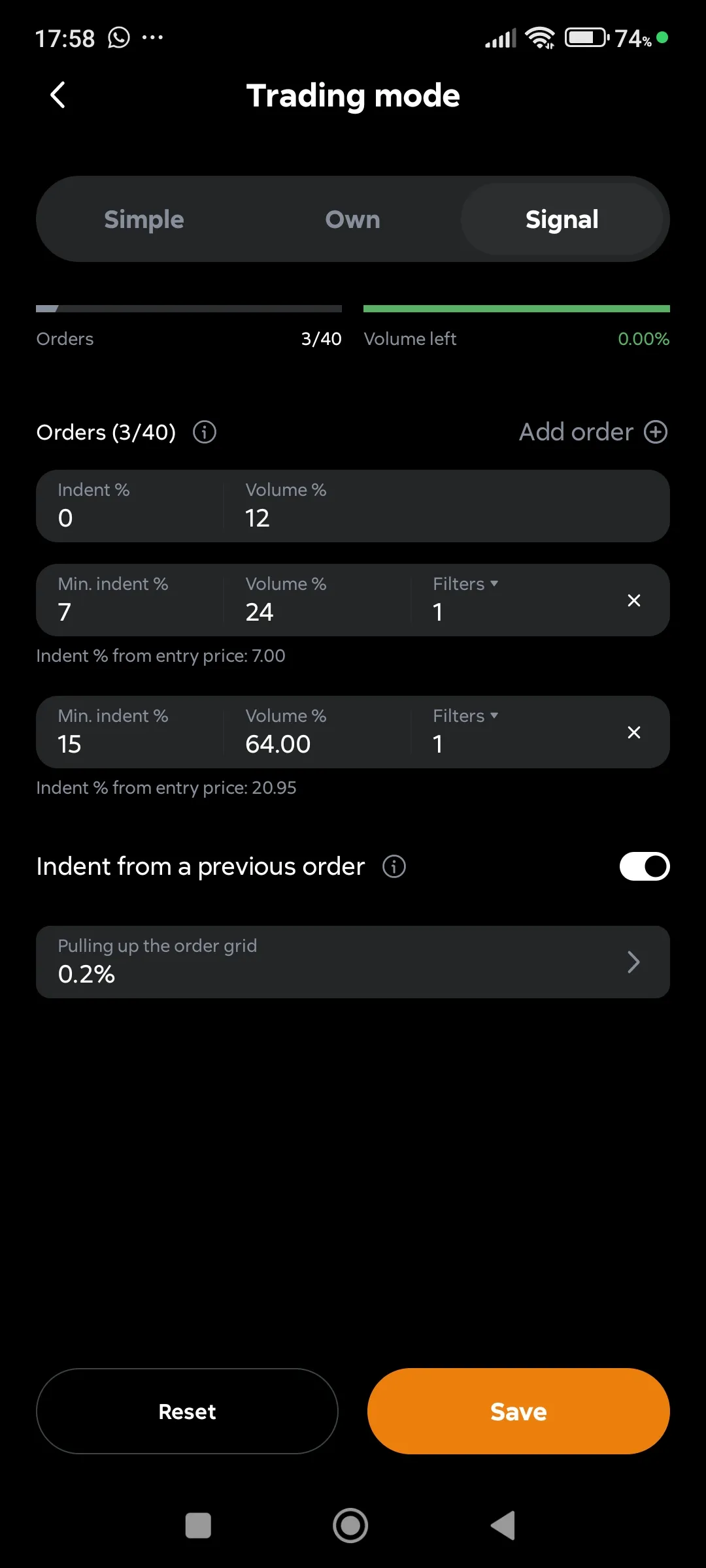Trading mode Signal, Indent from the order price