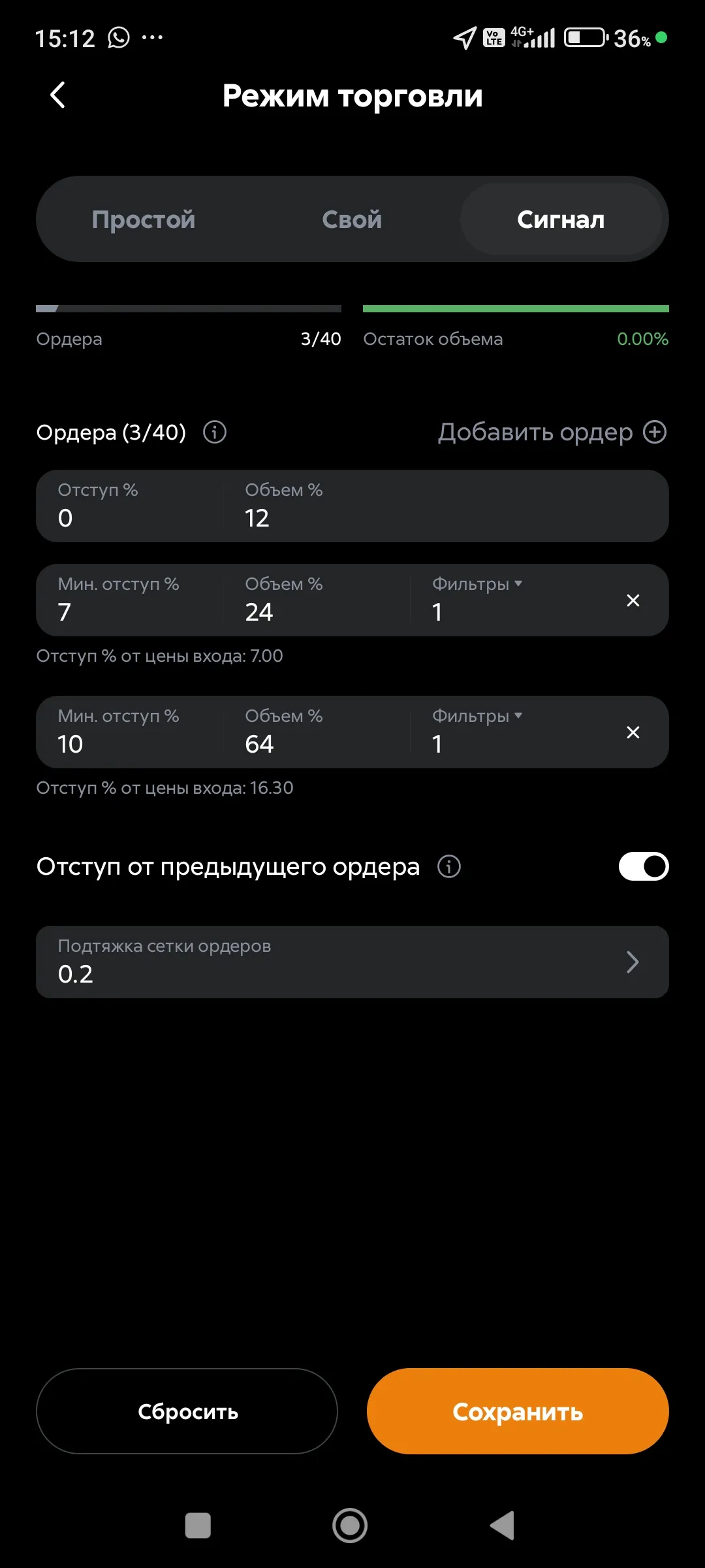 Режим торговли Сигнал, отступ от ордера
