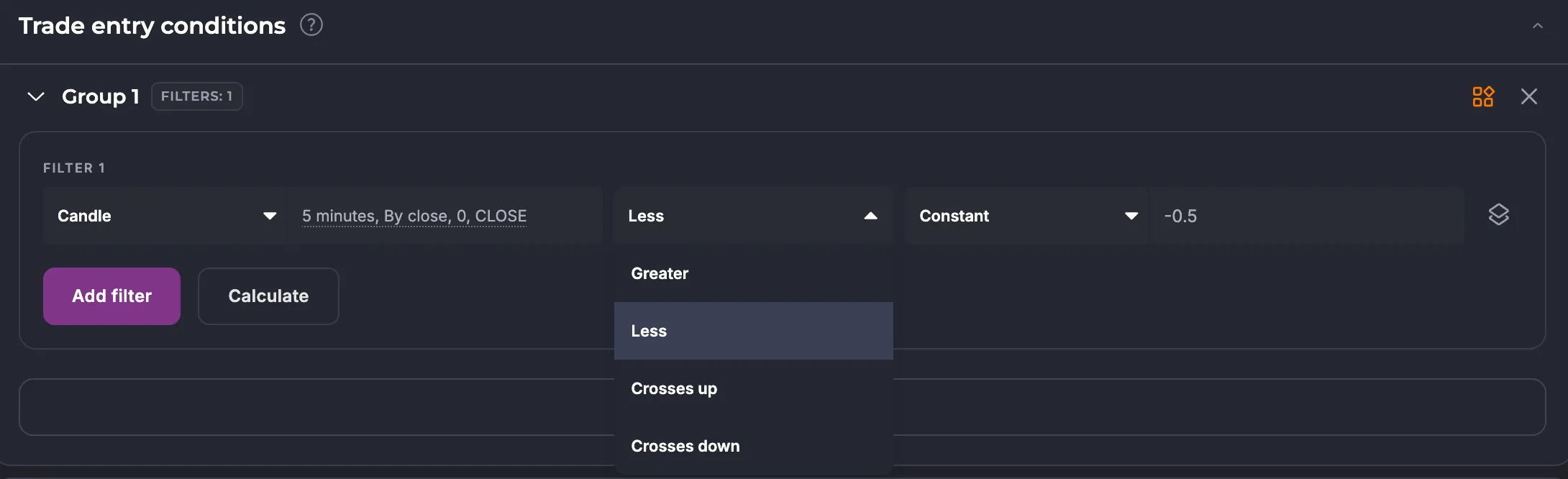 Operator selection in the condition editor