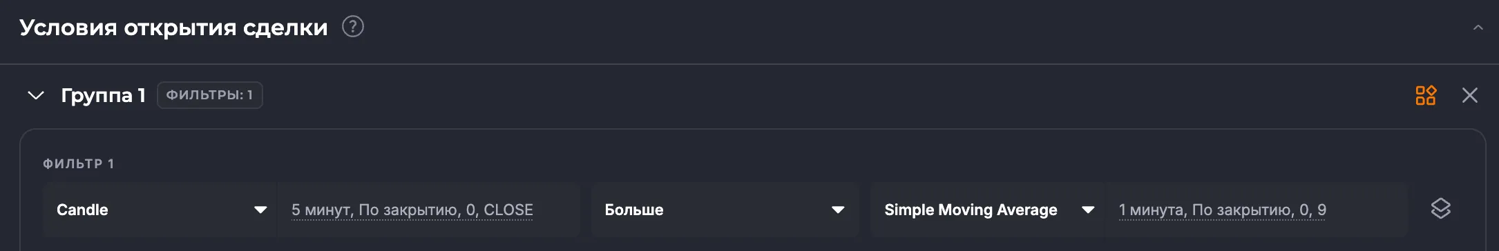 Candle Close больше SMA