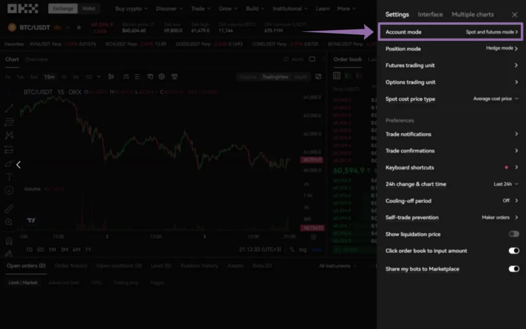 Account mode selection menu