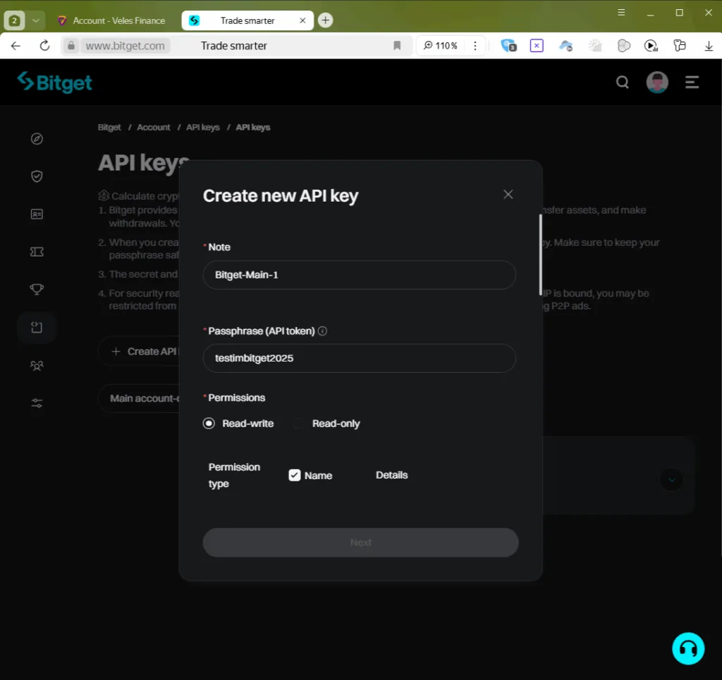 Bitget API permissions