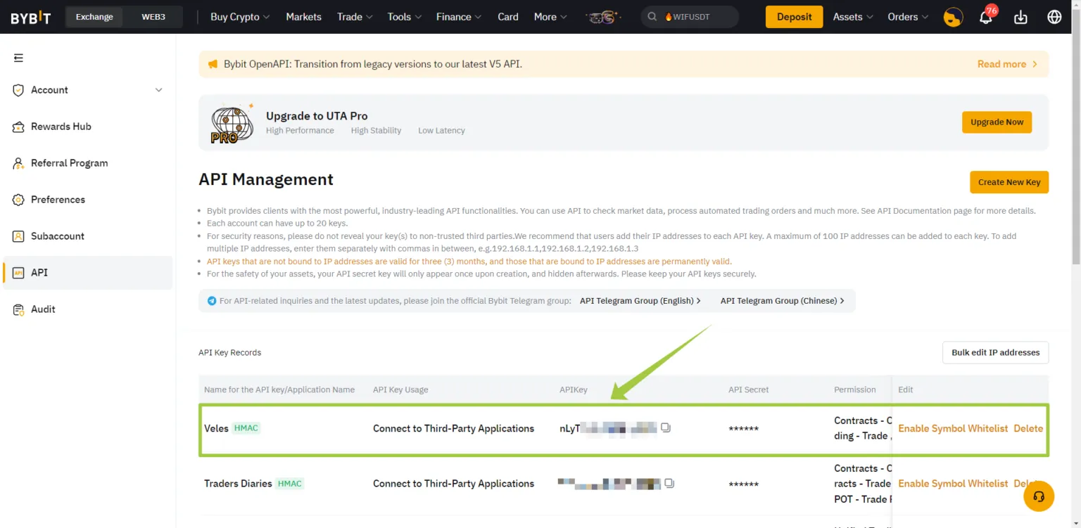 List of API keys on the exchange