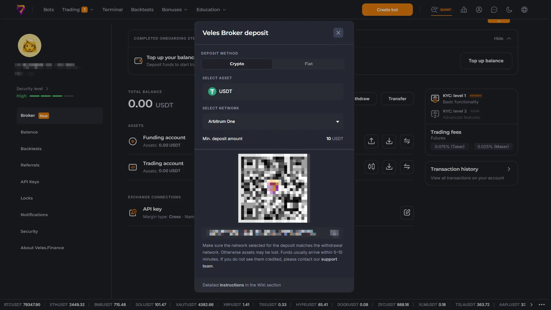 Depositing cryptocurrency to Veles Broker