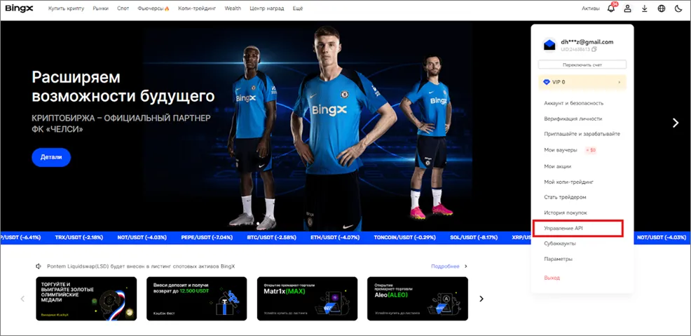 Меню профиля API