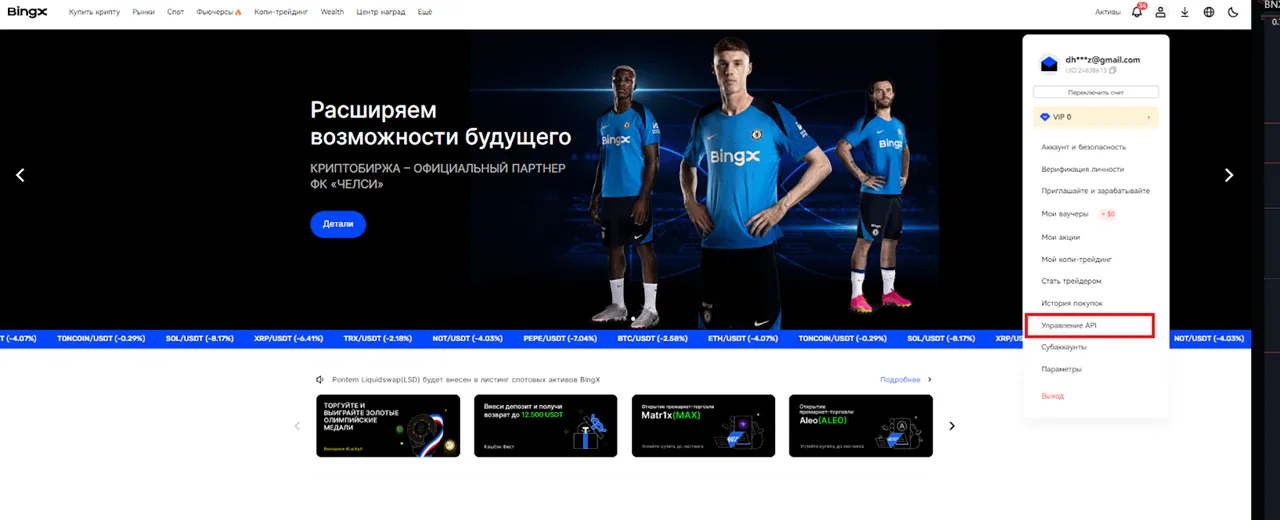 Меню профиля API