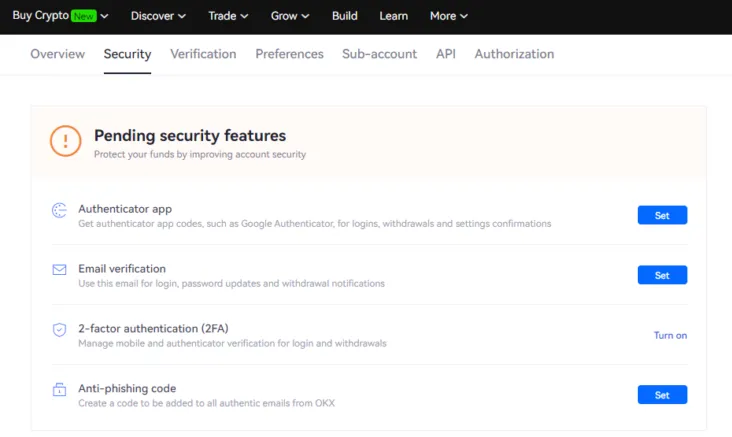 OKX Security settings