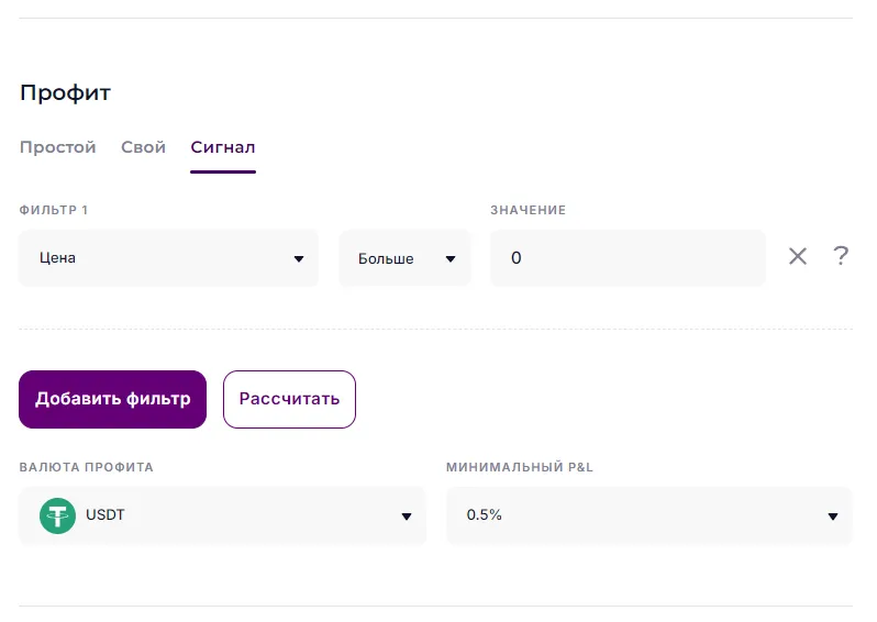 Пример выхода по цене