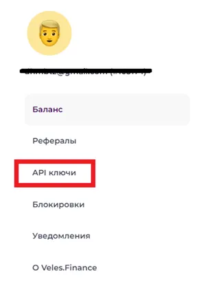 Настройки API в Veles