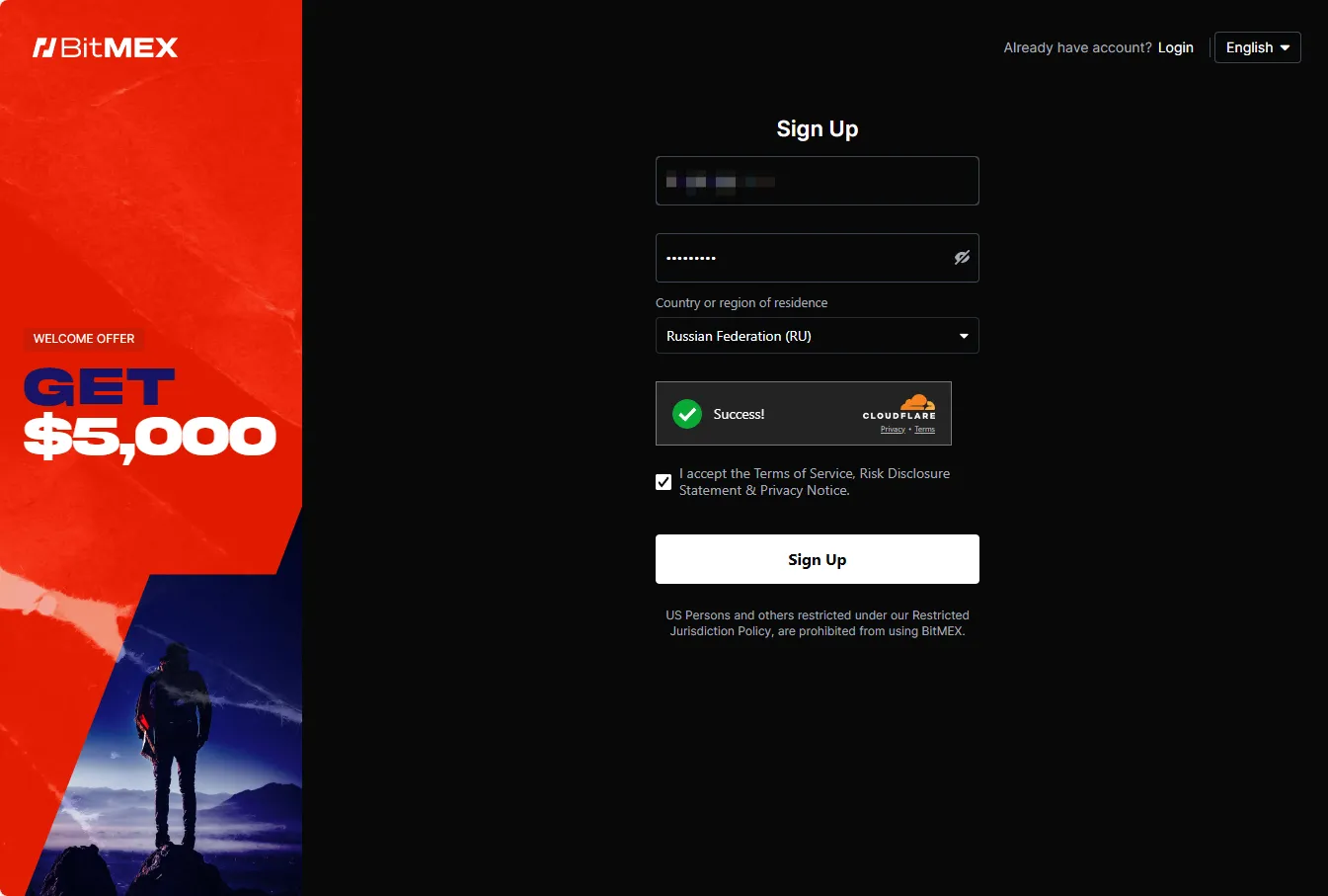 Registration page BitMEX